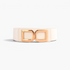 Beach Rose Co. wide cream stretch waist belt featuring a polished gold-tone double-D alloy buckle and PU front tabs.