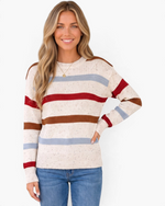 Beach Rose Co. cream knit sweater featuring multicolor striped texture, speckled details, and dropped shoulders.