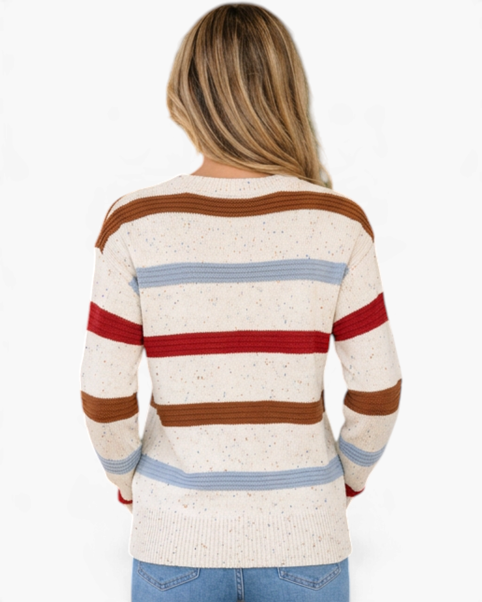 Beach Rose Co. cream knit sweater with multicolor striped texture, dropped shoulders, and ribbed hem, back view.
