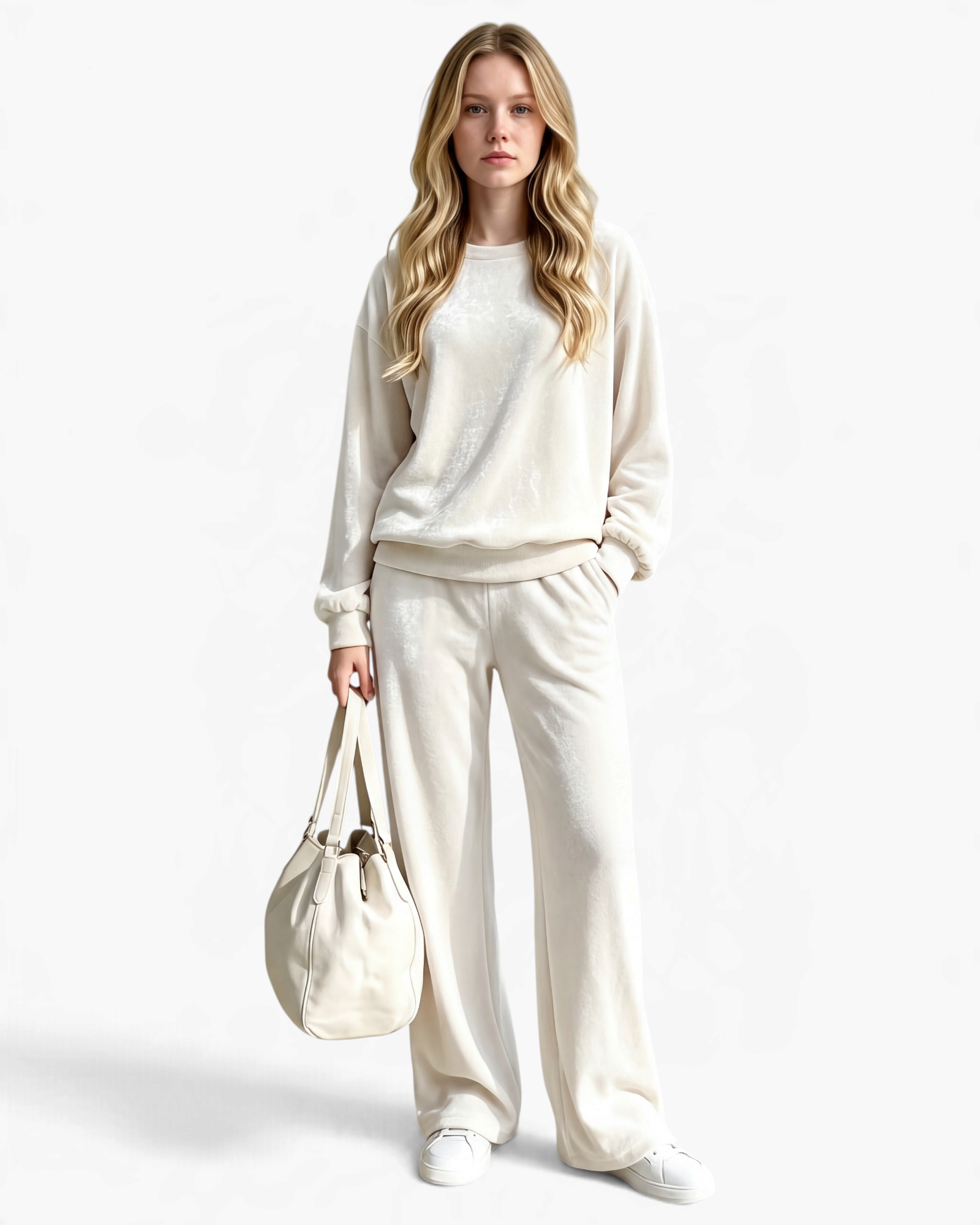 Model wearing a Beach Rose Co. cream velour crewneck top and matching wide leg pants set with a white handbag.