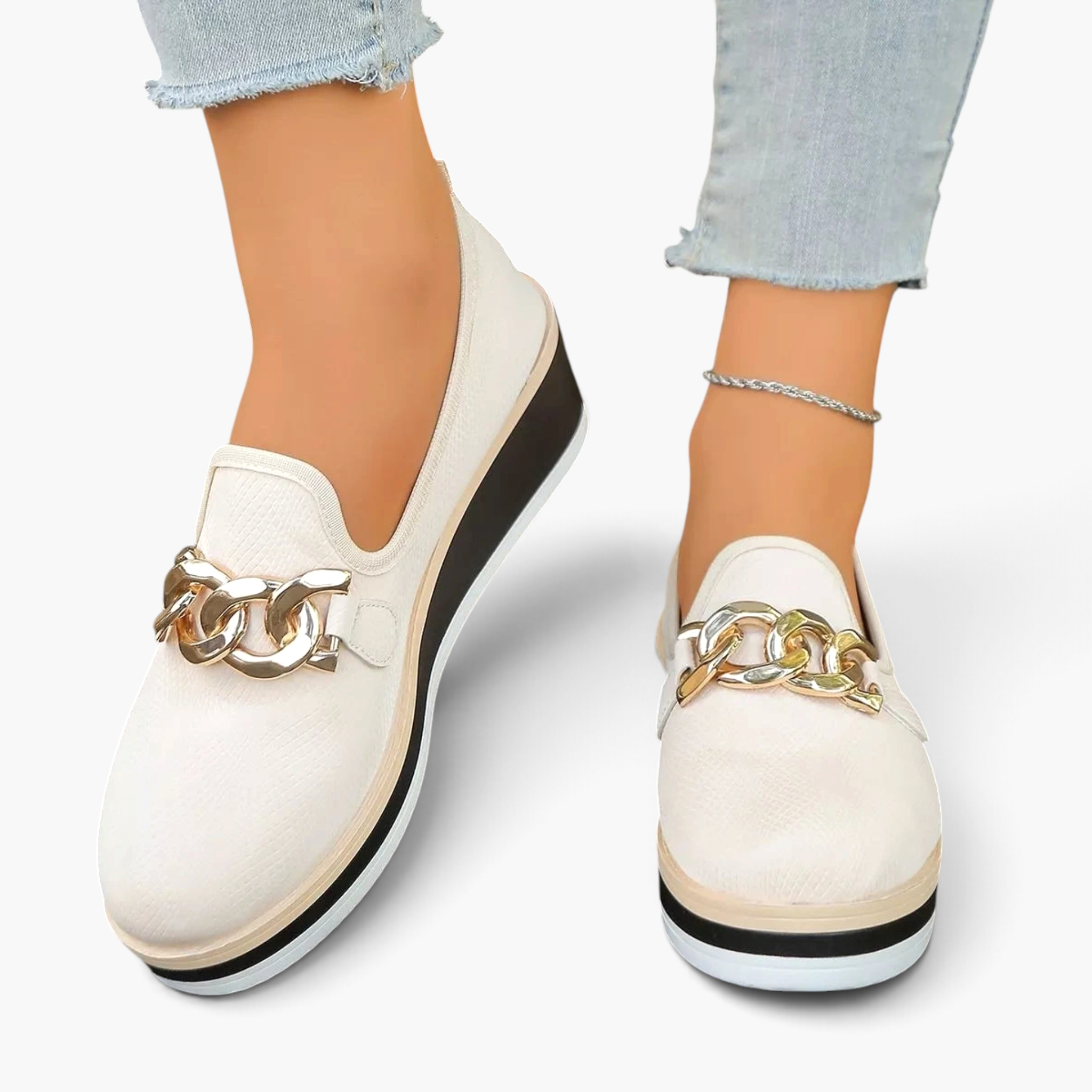 Beach Rose Co. cream textured PU leather wedge loafers with a chunky gold chain accent and rounded toe.