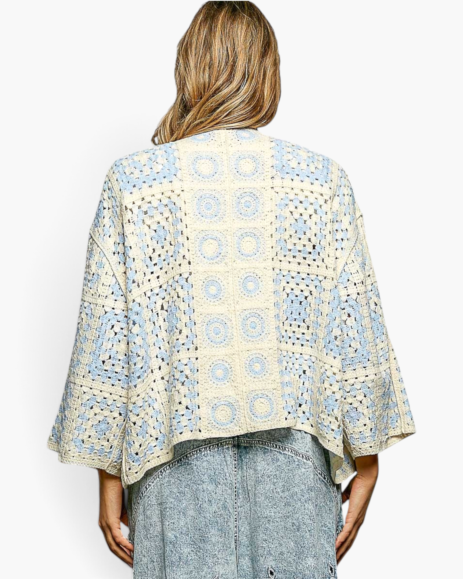 Beach Rose Co. ivory and light blue patchwork crochet open-front cardigan with relaxed three-quarter sleeves