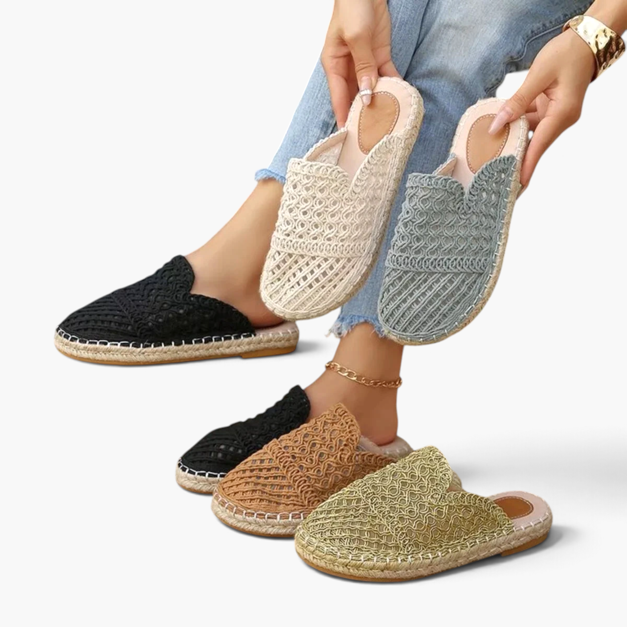 Beach Rose Co. crochet-style mesh espadrille mules in various colors with braided sole trim and slip-on design.