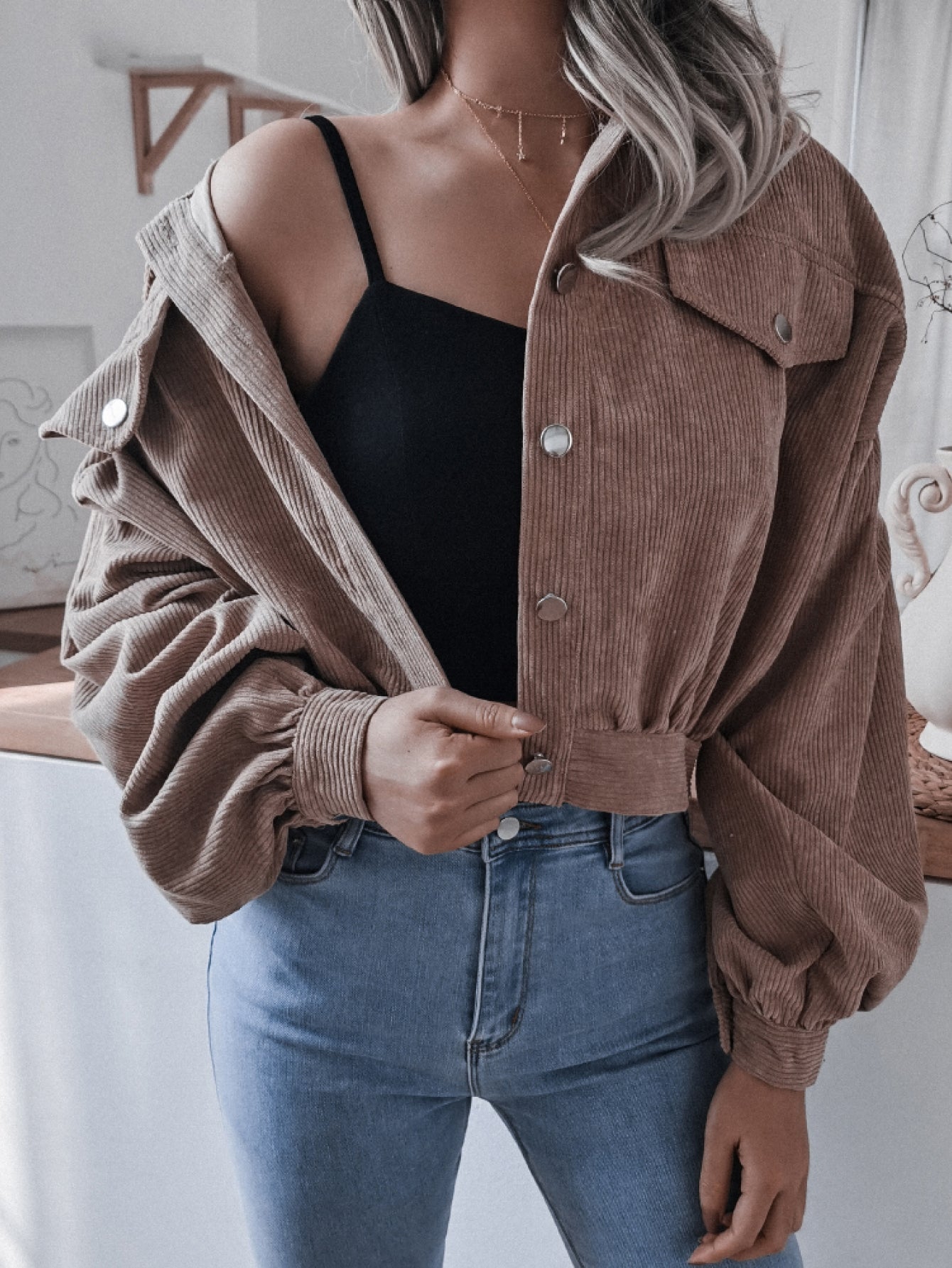 Beach Rose Co. - Cropped Corduroy Button Front Jacket