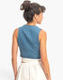 Beach Rose Co. cropped blue denim vest viewed from the back, featuring a structured sleeveless design.