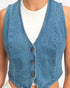 Beach Rose Co. cropped blue cotton denim vest with a V-neck, button-front closure, and structured sleeveless fit.