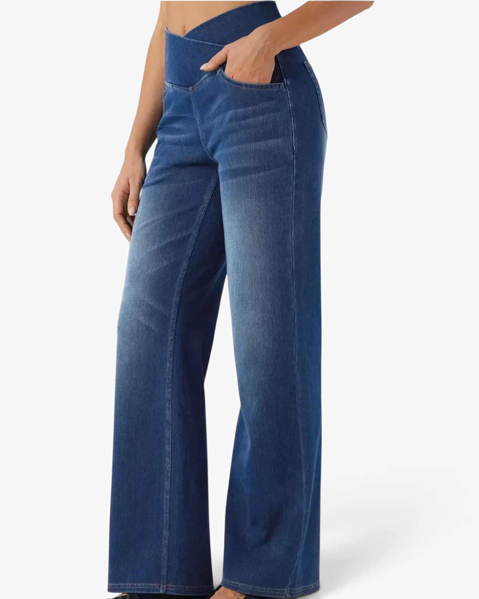 Beach Rose Co. blue stretch denim jeans with a wide crossover waistband and relaxed wide-leg silhouette.