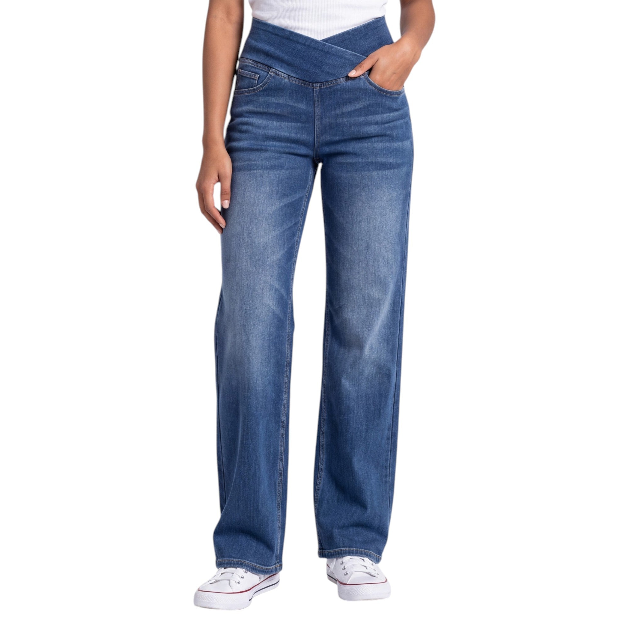 Crossover Waist Pull-On Wide-Leg Jeans