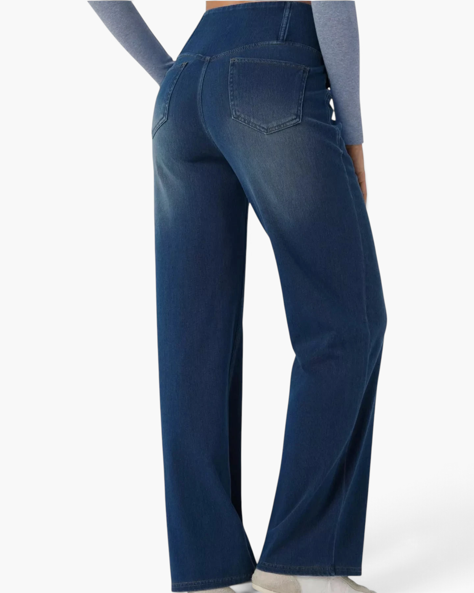 Beach Rose Co. blue stretch denim wide-leg jeans with a high crossover waistband and back patch pockets.