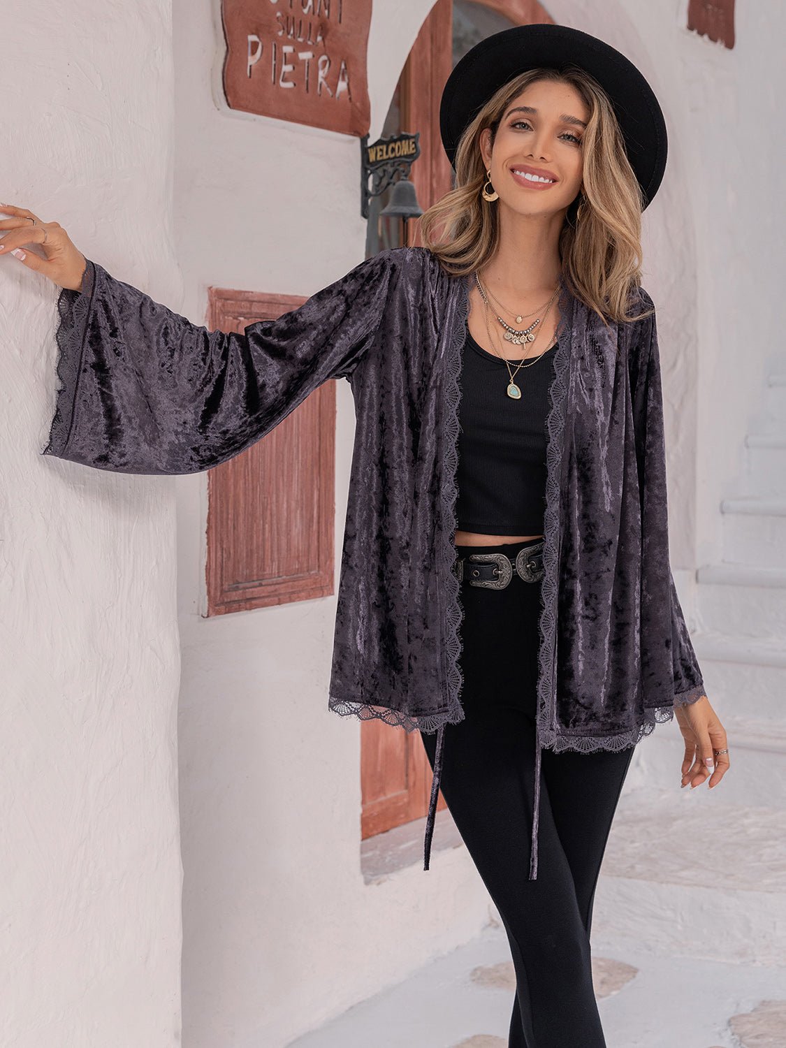 Beach Rose Co. - Crushed Velvet Long Sleeve Cardigan in Mauve