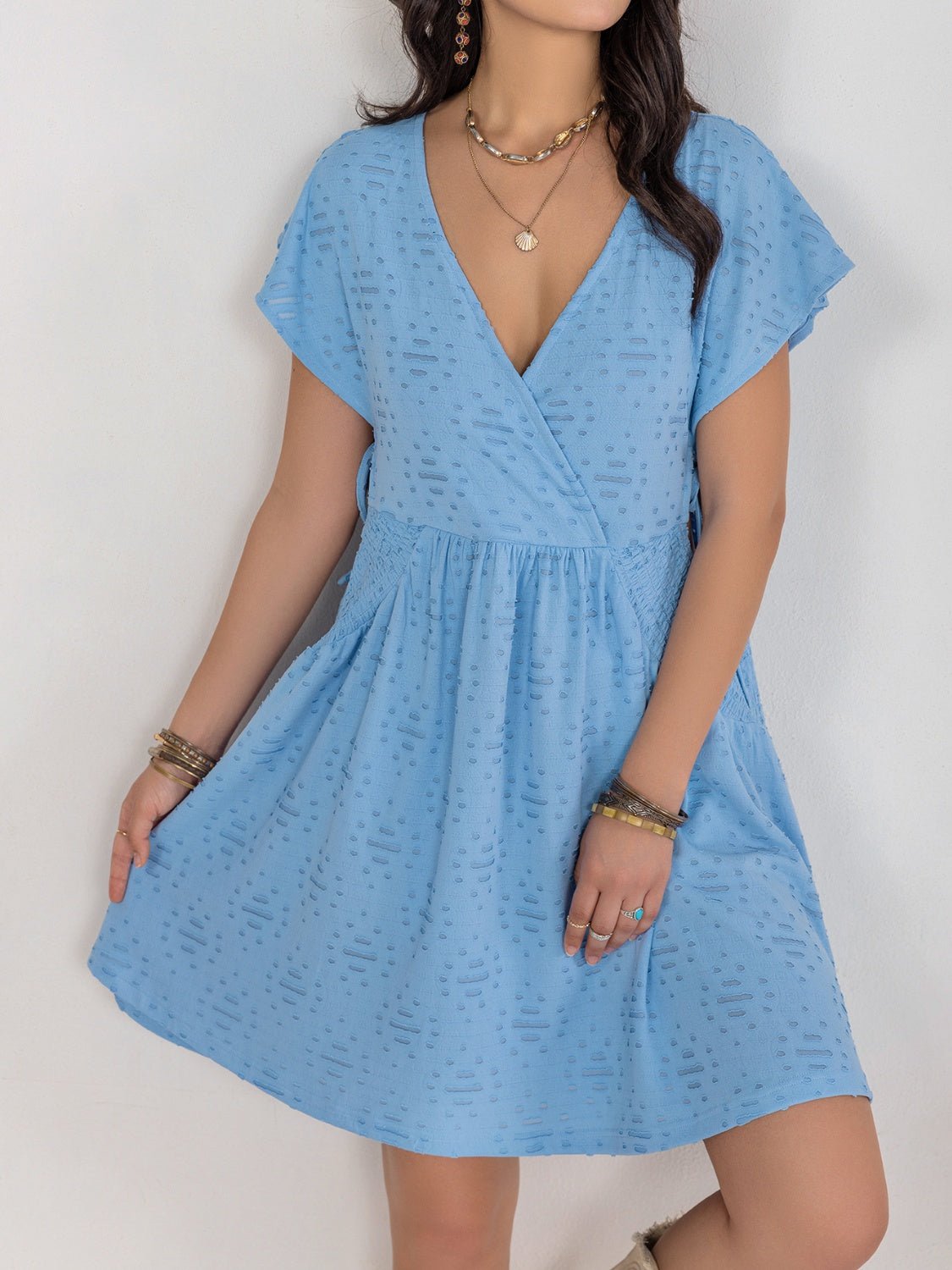 Beach Rose Co. - Cutout Surplice Short Sleeve Mini Dress in Light Blue