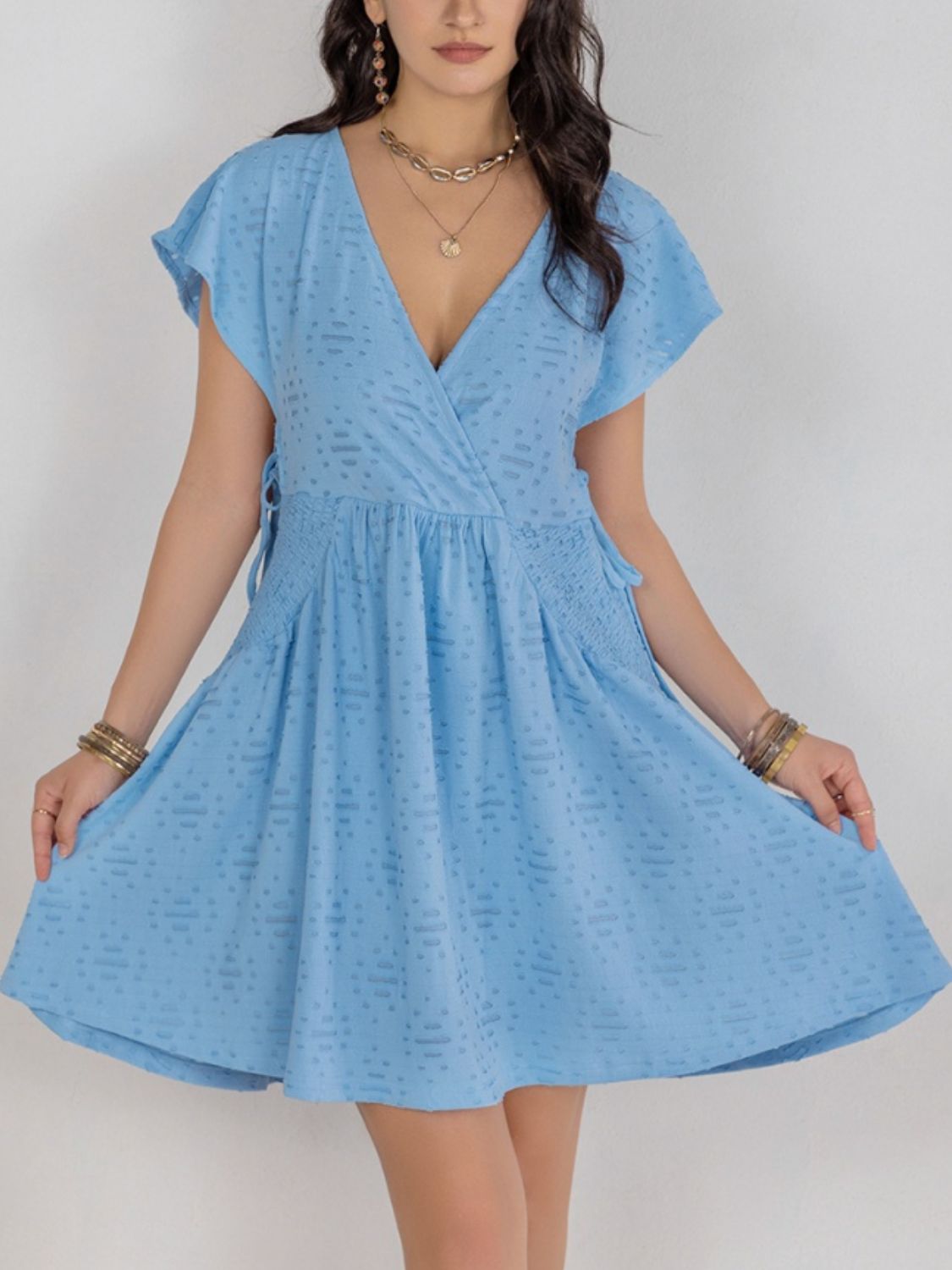 Beach Rose Co. - Cutout Surplice Short Sleeve Mini Dress in Light Blue