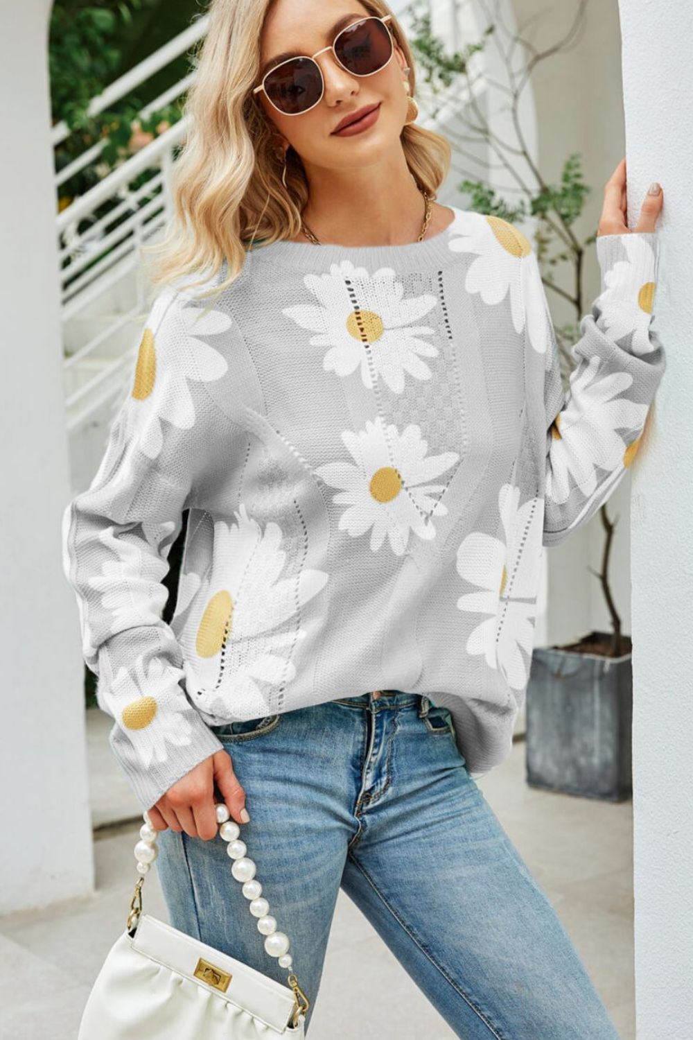 Beach Rose Co. - Daisy Print Openwork Sweater