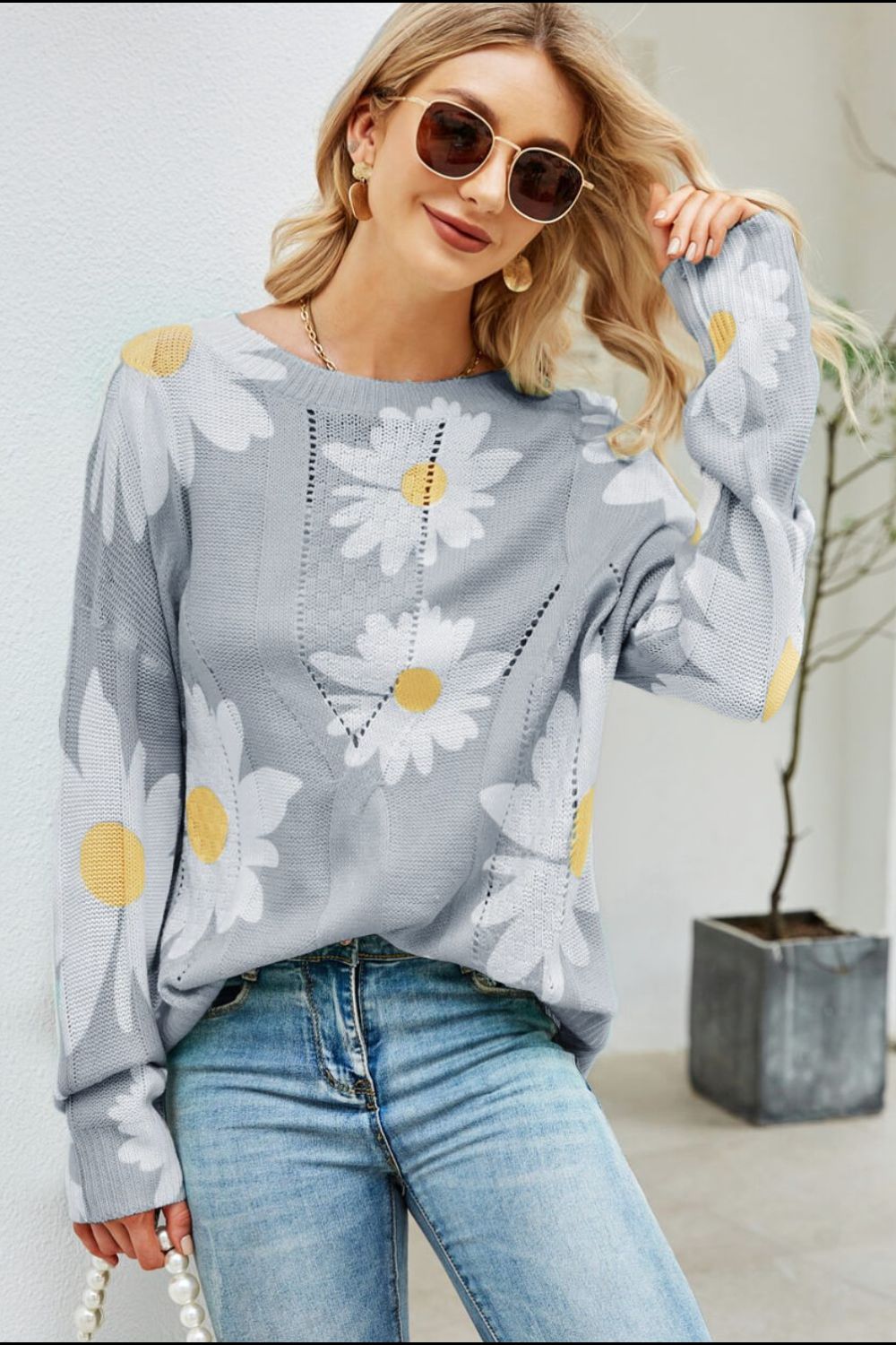 Beach Rose Co. - Daisy Print Openwork Sweater