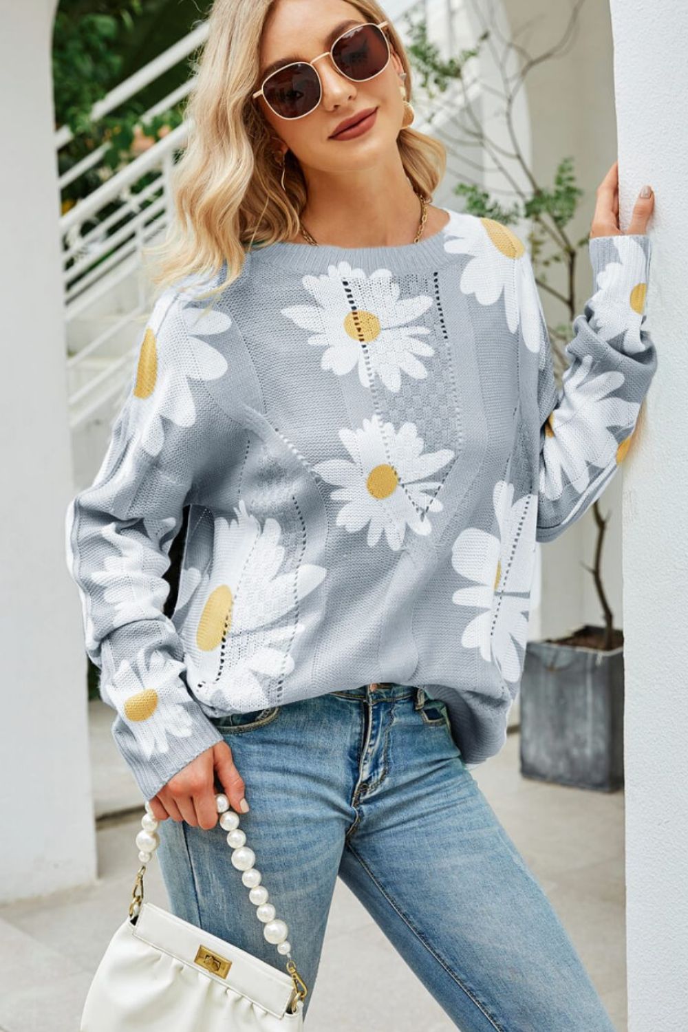 Beach Rose Co. - Daisy Print Openwork Sweater