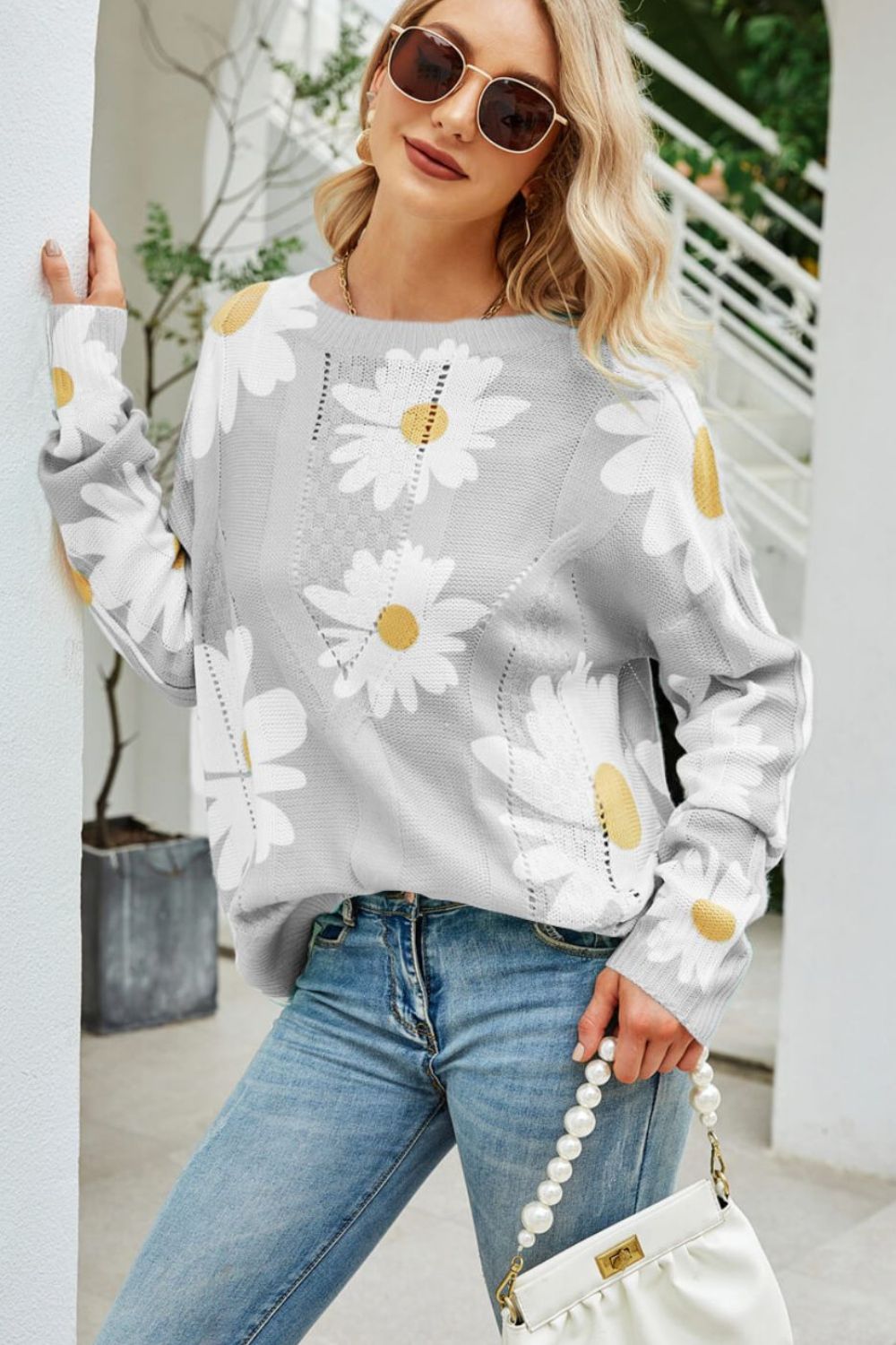 Beach Rose Co. - Daisy Print Openwork Sweater