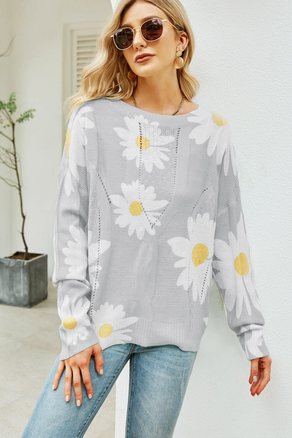 Beach Rose Co. - Daisy Print Openwork Sweater