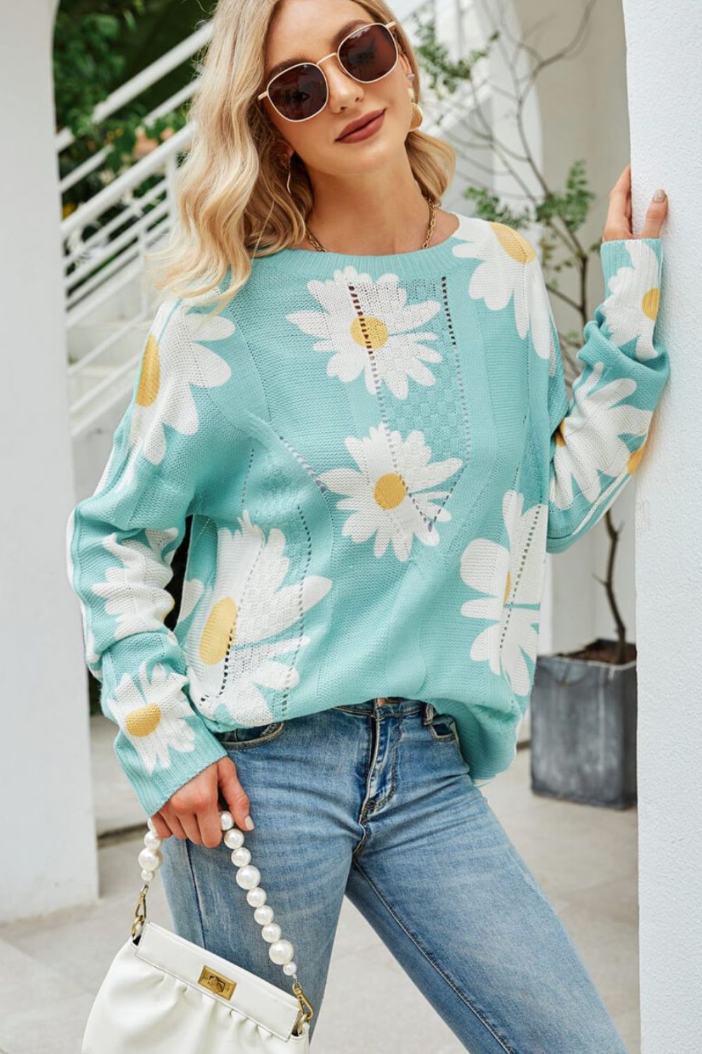 Beach Rose Co. - Daisy Print Openwork Sweater