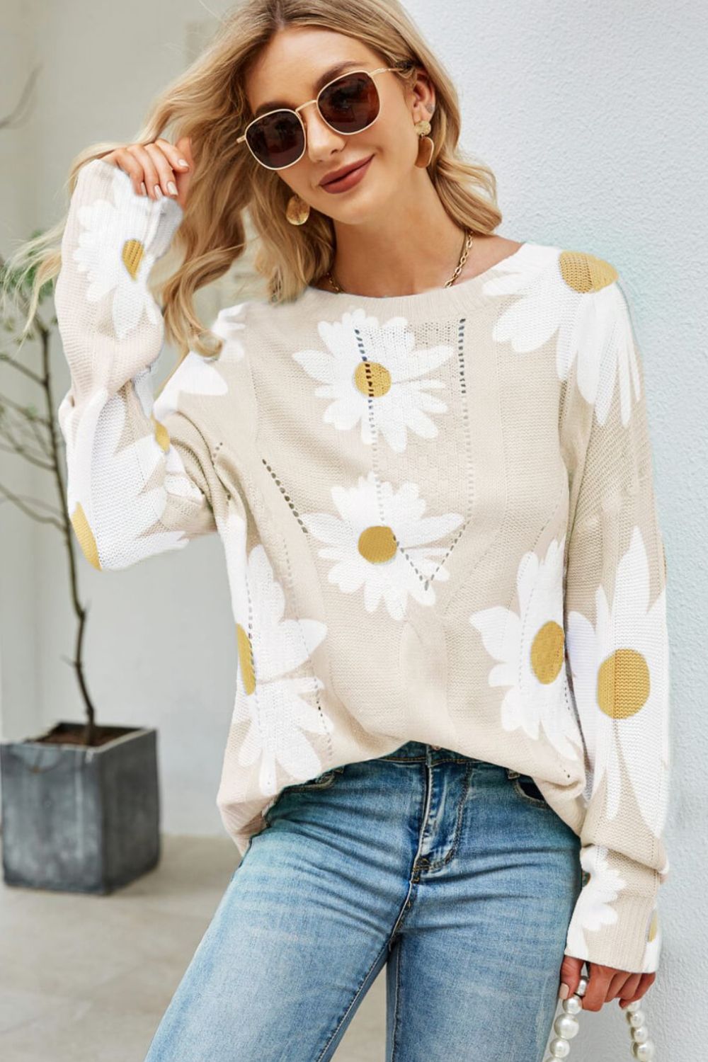 Beach Rose Co. - Daisy Print Openwork Sweater