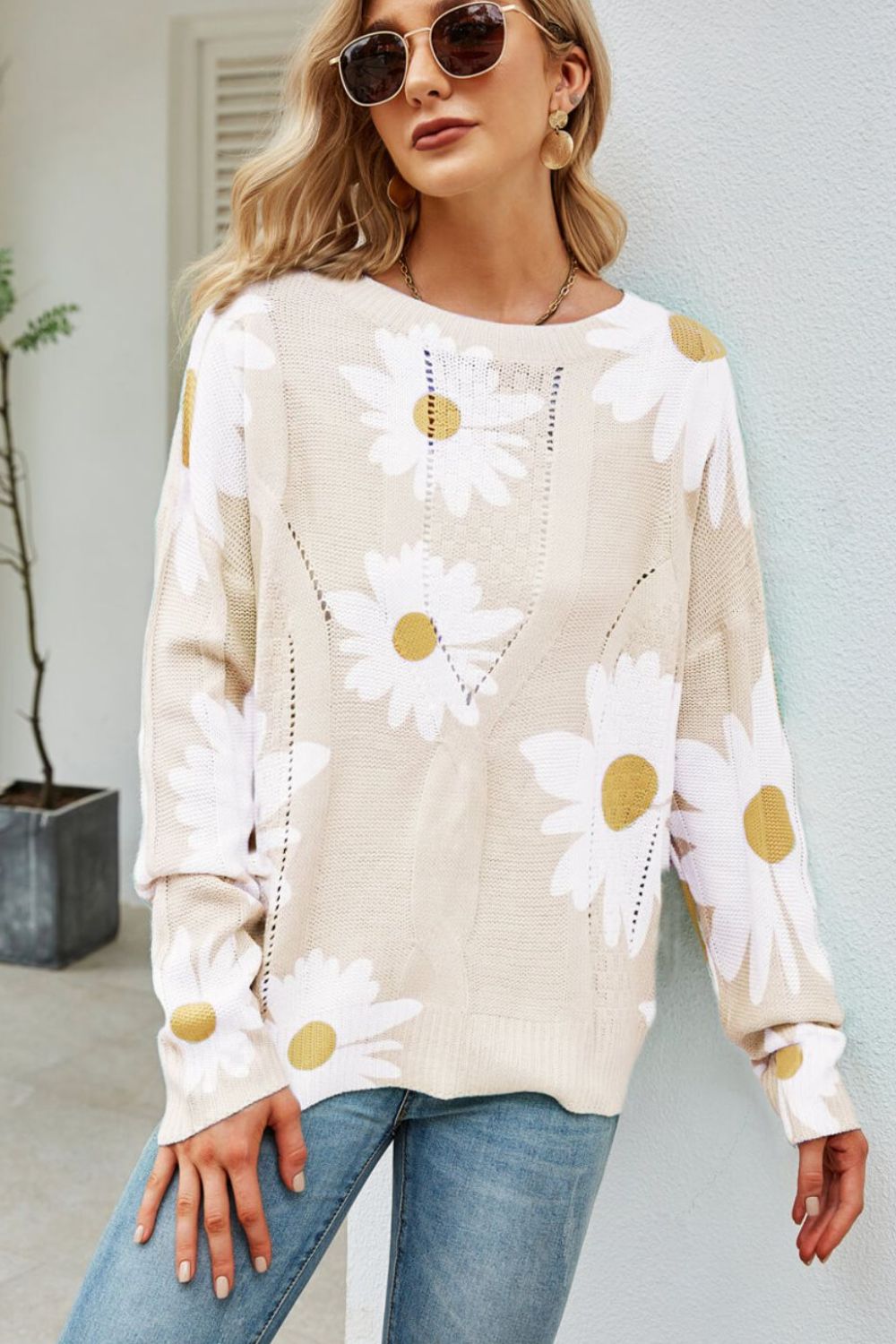 Beach Rose Co. - Daisy Print Openwork Sweater