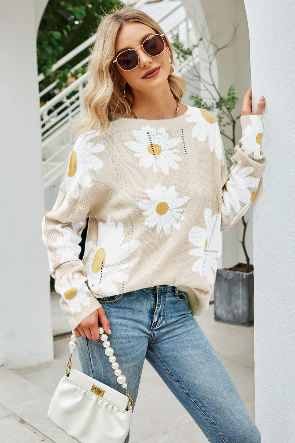 Beach Rose Co. - Daisy Print Openwork Sweater