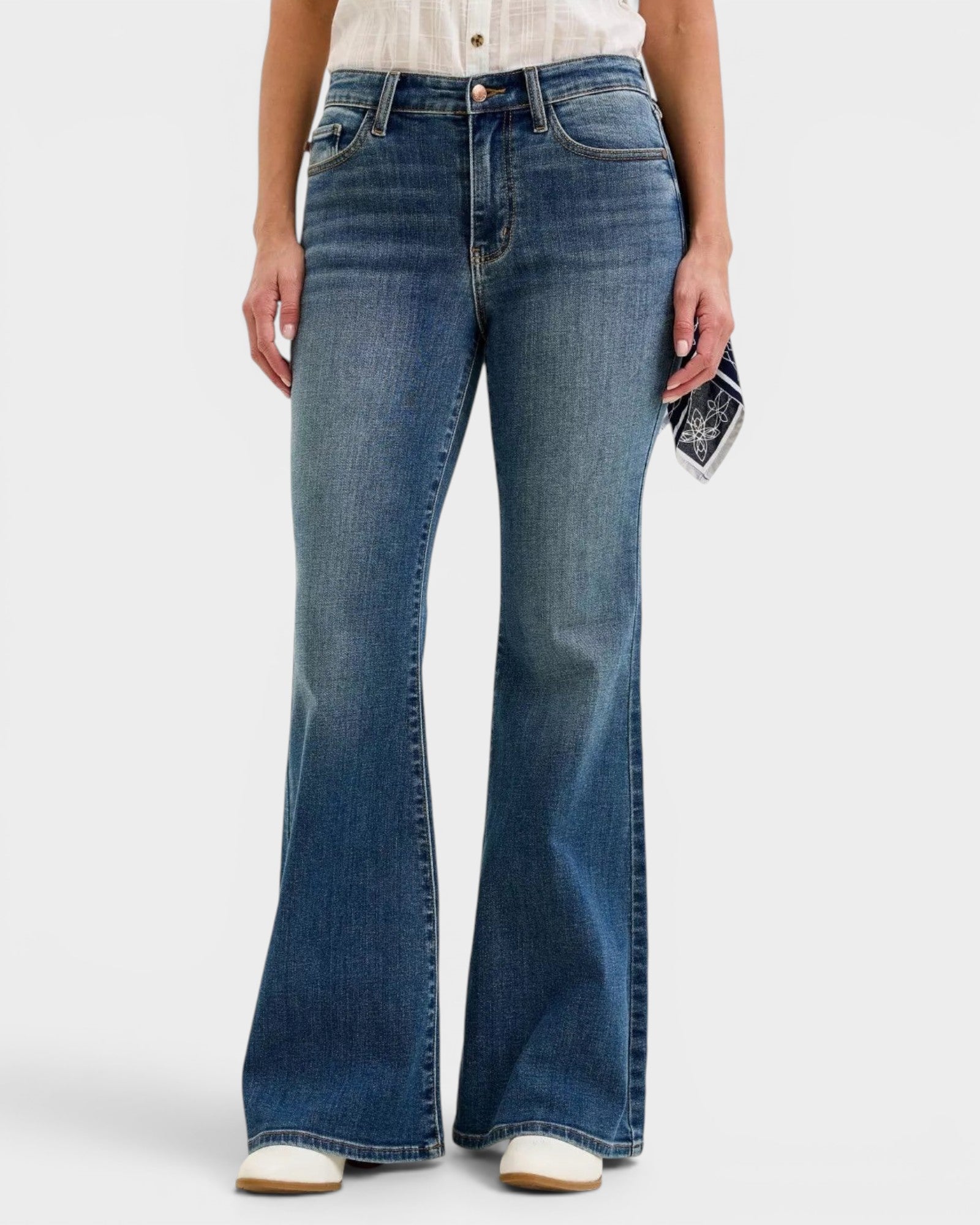 Beach Rose Co. dark wash denim flare jeans with bandana loop accent and triple-needle stitched pockets.