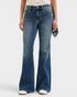 Beach Rose Co. dark wash denim flare jeans with bandana loop accent and triple-needle stitched pockets.