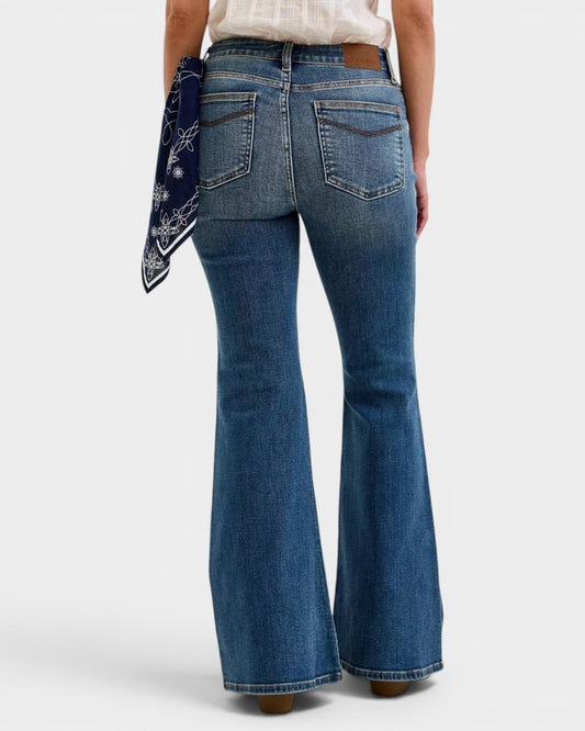Beach Rose Co. dark wash denim flare jeans with bandana loop accent and triple-needle stitched back pockets.