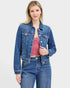 Beach Rose Co. dark wash cropped denim jacket with collared neckline, button front, chest pockets, and button cuffs.