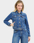 Beach Rose Co. dark wash cropped denim jacket with collared neckline, button front, chest flap pockets, and button cuffs. Made of cotton blend.