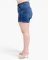 Beach Rose Co. dark wash denim shorts with a wide waistband, double-button closure, and crossed back belt loops.
