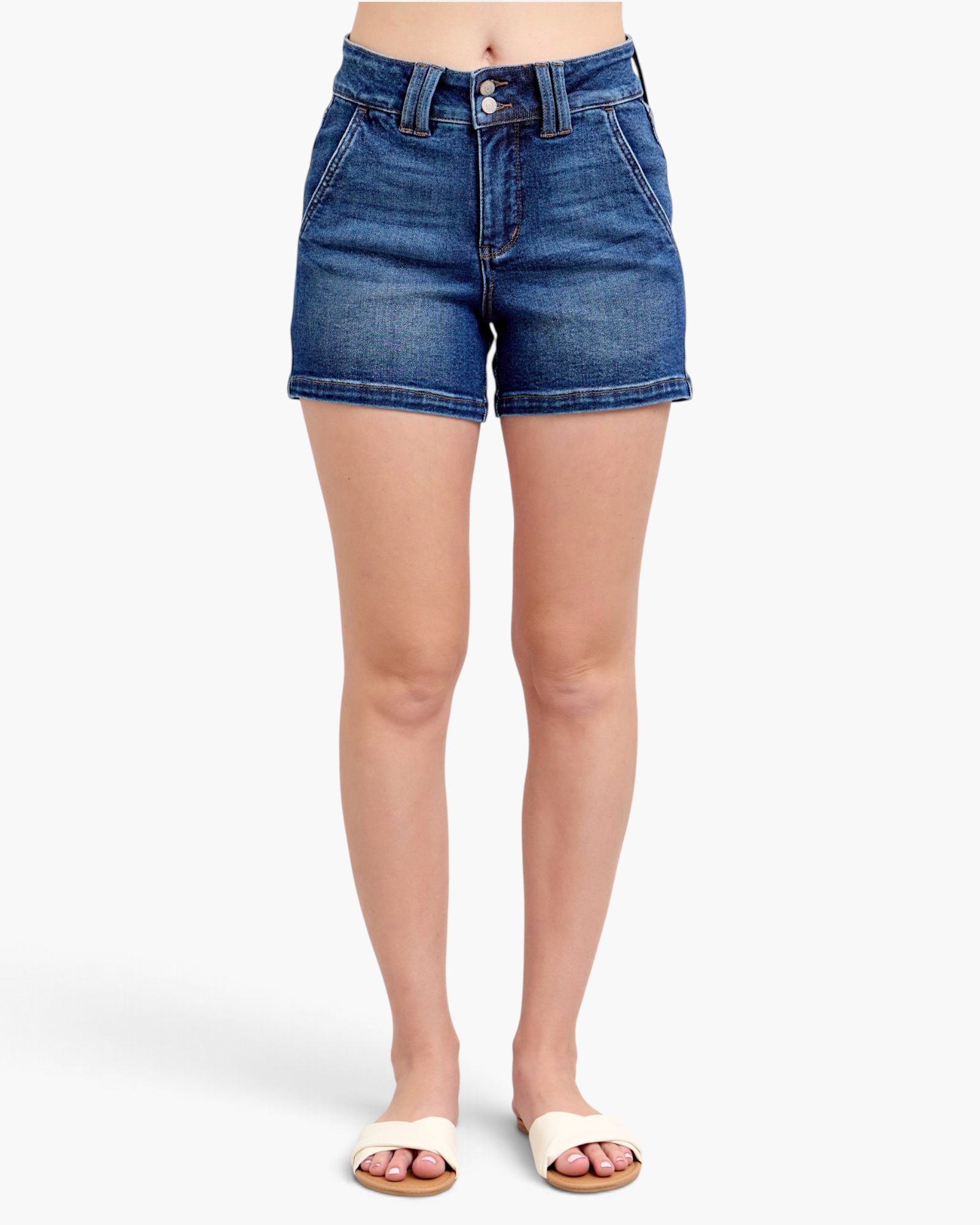 Beach Rose Co. dark wash denim shorts featuring a wide waistband with double-button closure and curved front pockets.