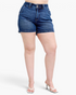 Beach Rose Co. dark wash denim shorts with a wide waistband, double-button closure, and finished hems on a model.