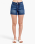 Beach Rose Co. dark wash denim shorts featuring a wide waistband with double-button closure and curved front pockets.