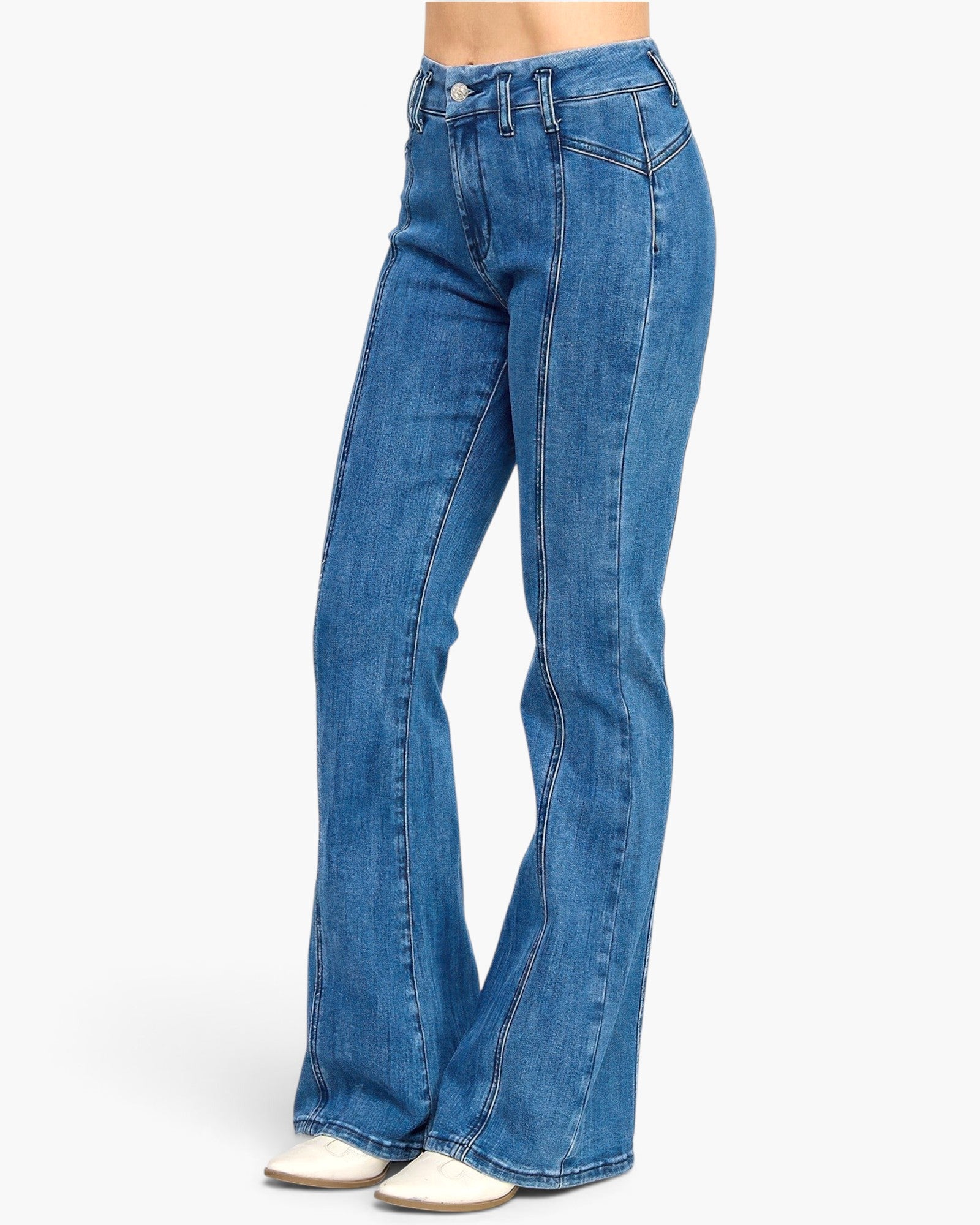 Beach Rose Co. dark wash high-rise bell-bottom jeans with statement front seam detailing and comfortable stretch fit