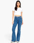 Beach Rose Co. dark wash high-rise bell-bottom jeans with statement front seam detailing on a model