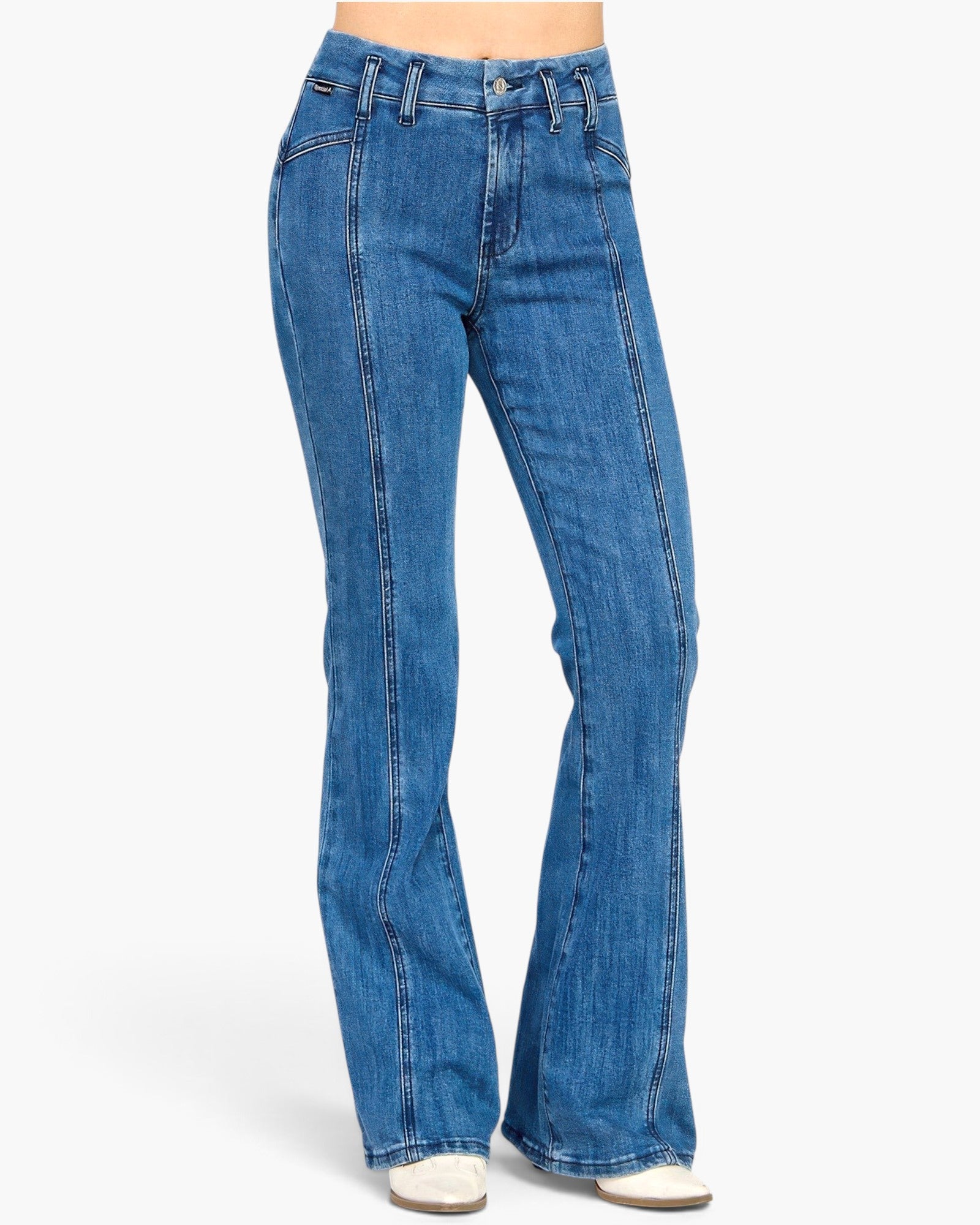 Beach Rose Co. dark wash high-rise bell-bottom jeans with statement front seam detailing and stretch cotton denim.