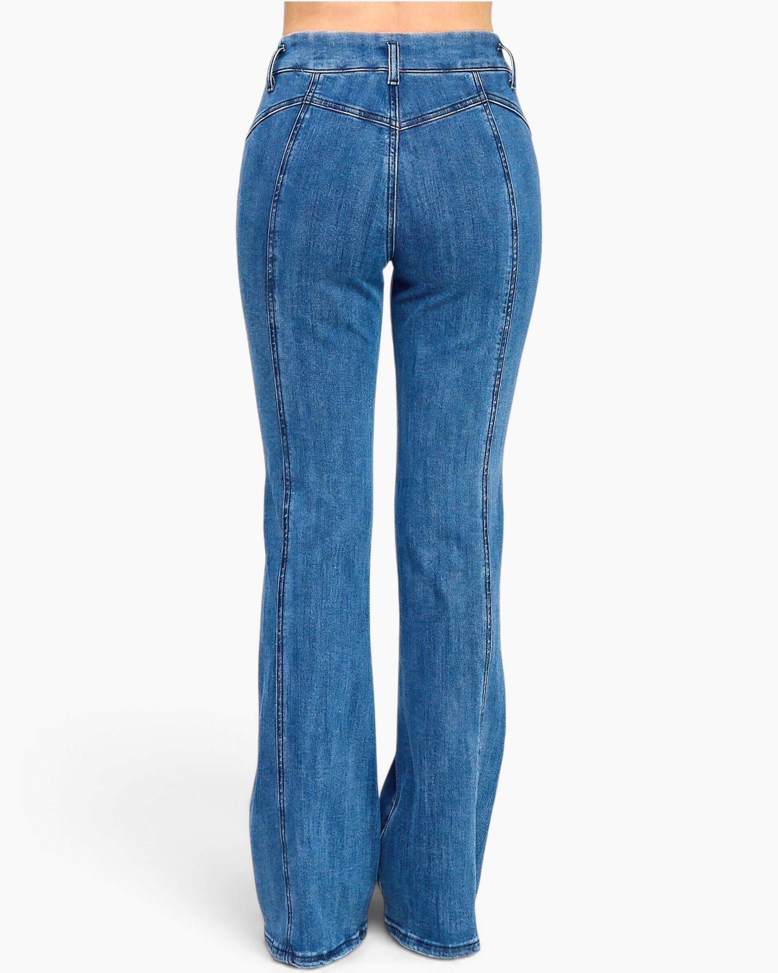 Beach Rose Co. dark wash high-rise bell-bottom jeans with statement vertical seam detailing from a back view