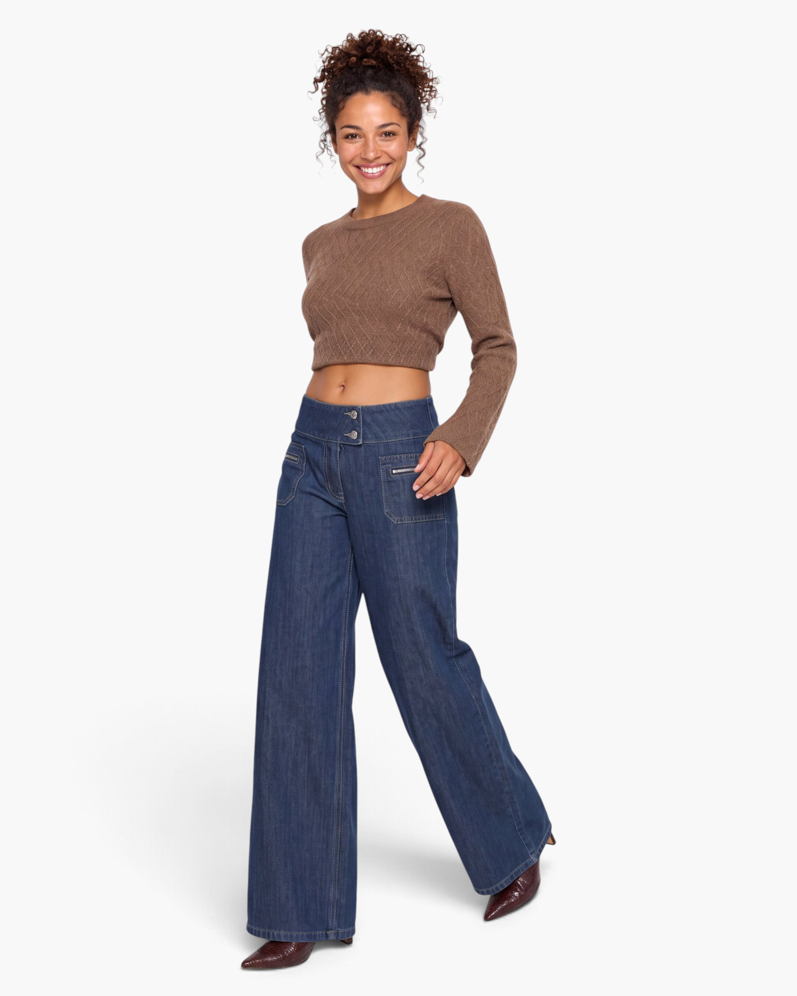 Beach Rose Co. dark wash wide-leg jeans with double-button waistband and zippered front patch pockets.