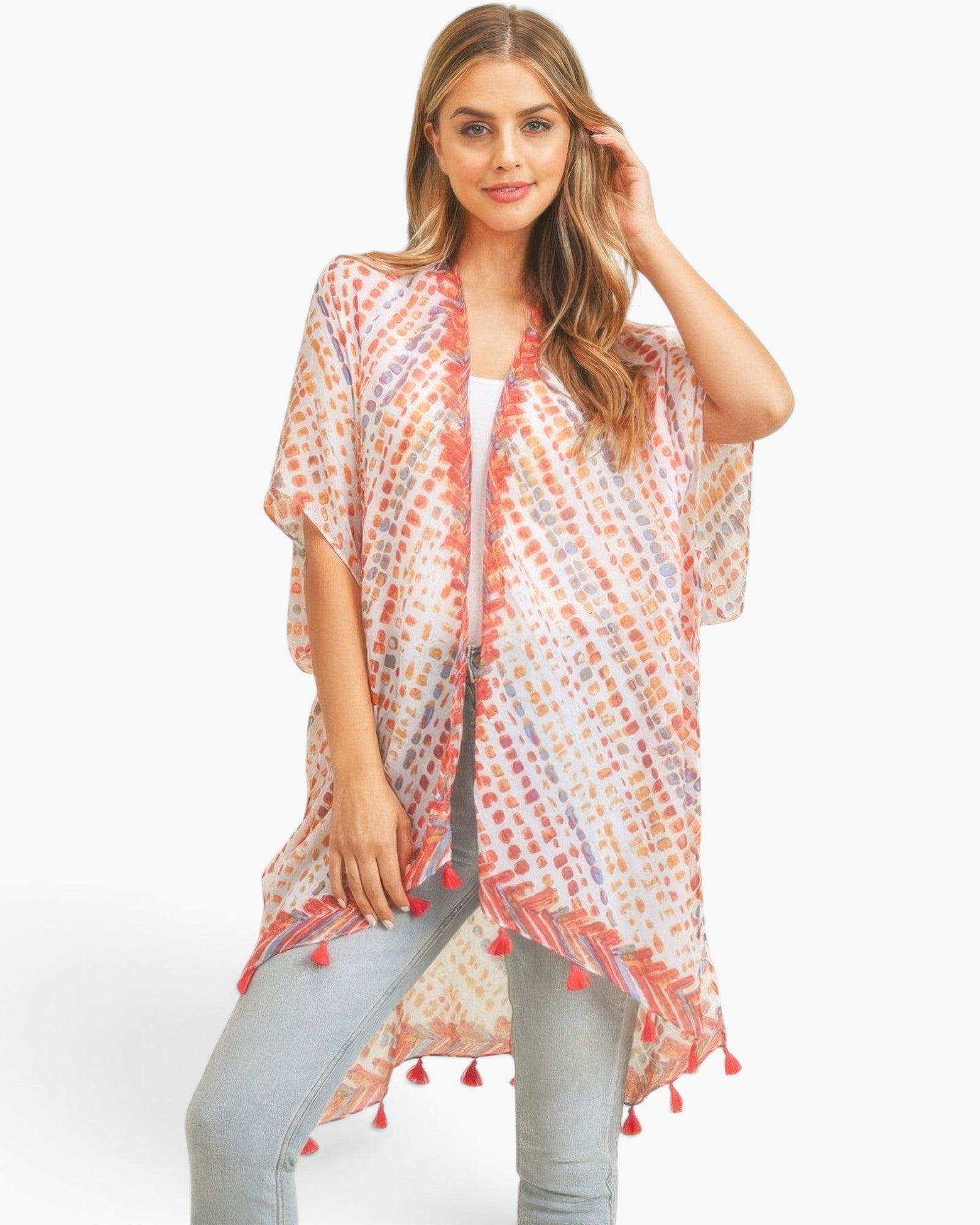 Beach Rose Co. multi dash pattern kimono with tassel trim, featuring a lightweight, flowy open-front design.