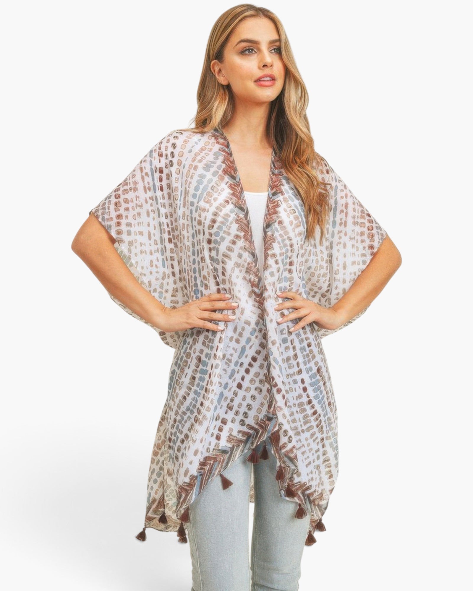 Beach Rose Co. multi dash pattern kimono with tassel trim, lightweight flowy polyester fabric, open-front design.