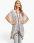 Beach Rose Co. multi dash pattern kimono with tassel trim, lightweight flowy polyester fabric, open-front design.