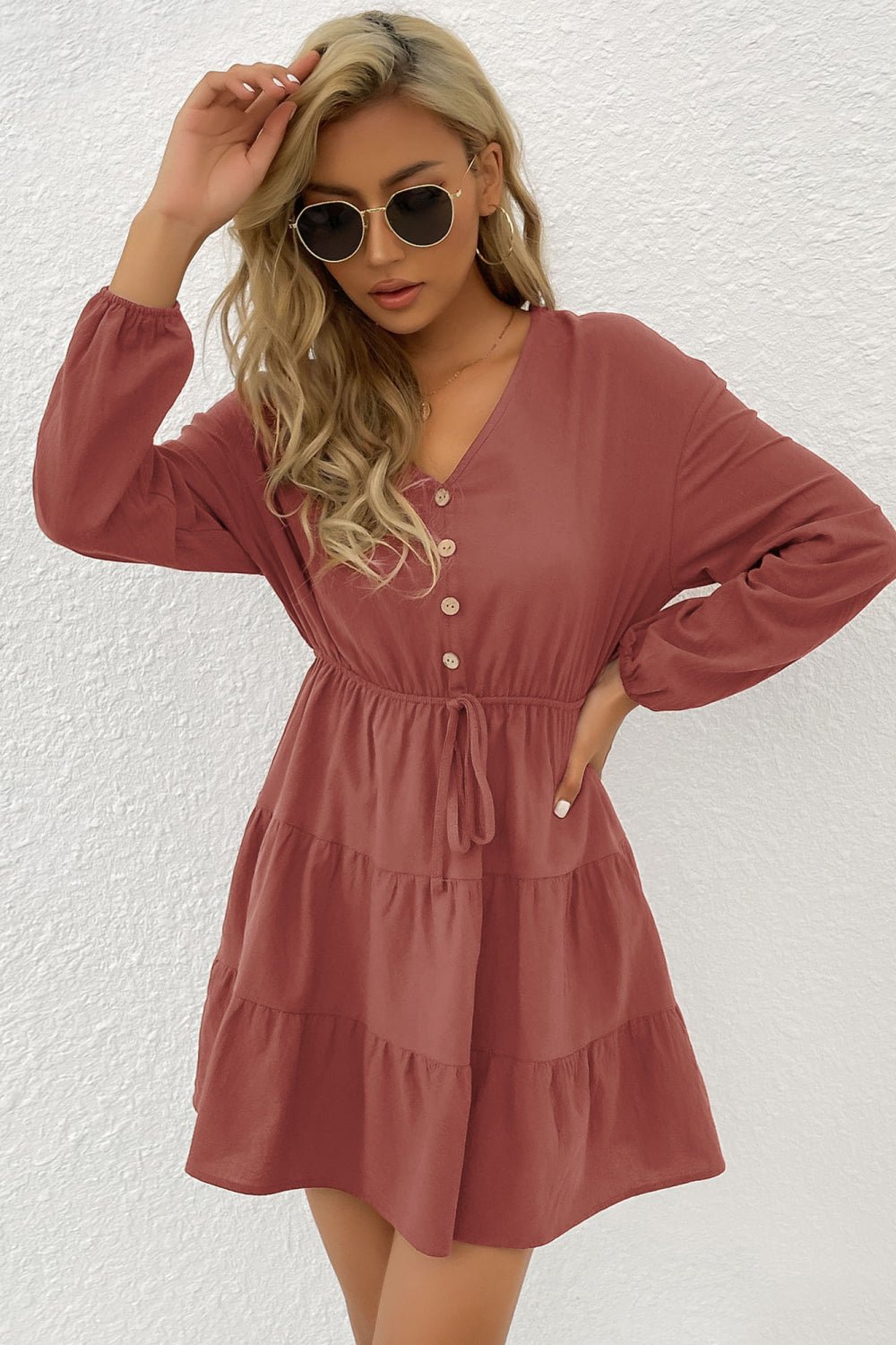 Beach Rose Co. - Decorative Button Tie Front Tiered Mini Dress