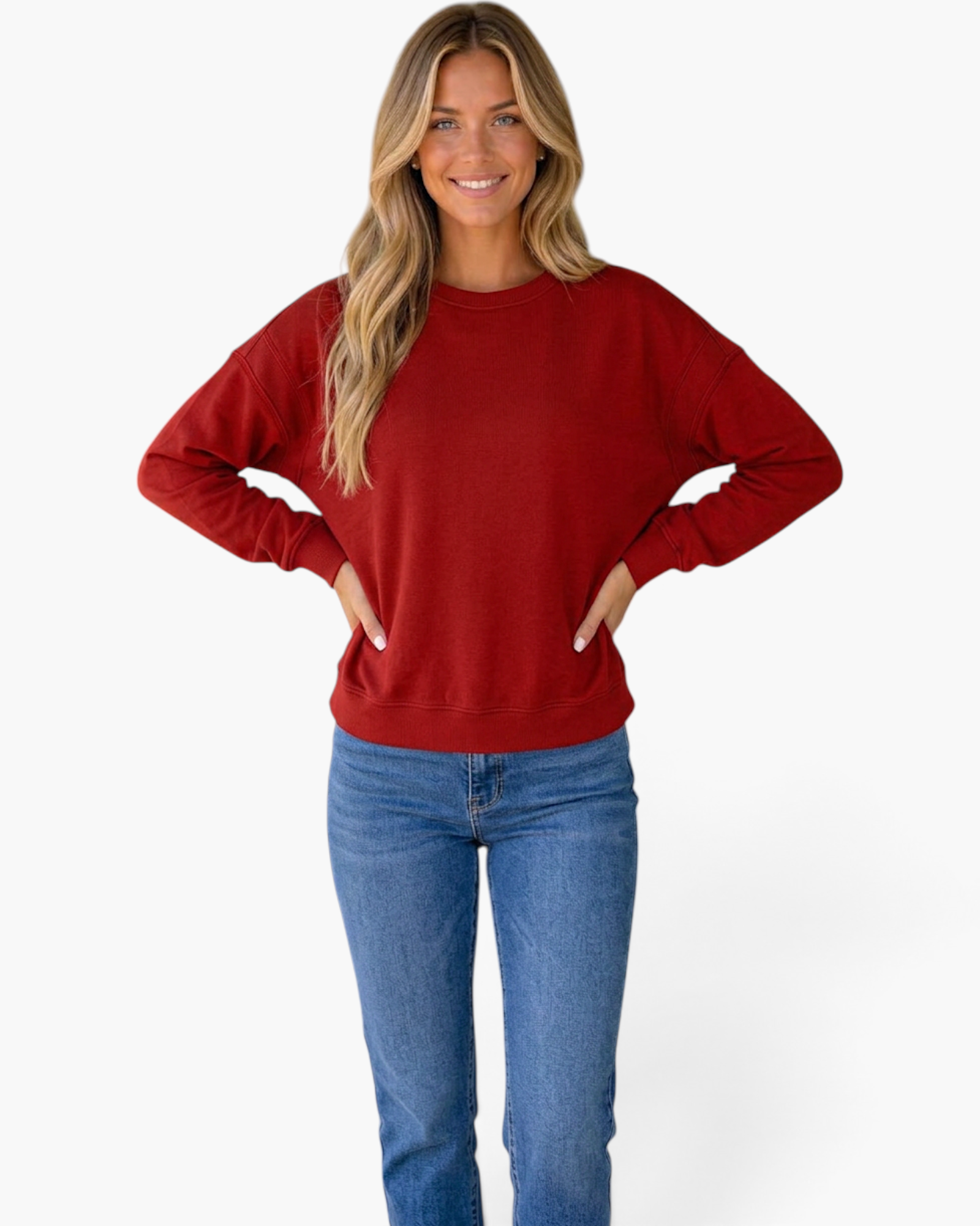 Beach Rose Co. deep red relaxed fit sweatshirt with long sleeves and ribbed cuffs worn by a smiling blonde woman