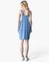 Beach Rose Co. denim blue ribbed overall dress with wide straps, shown from the back on a blonde model.