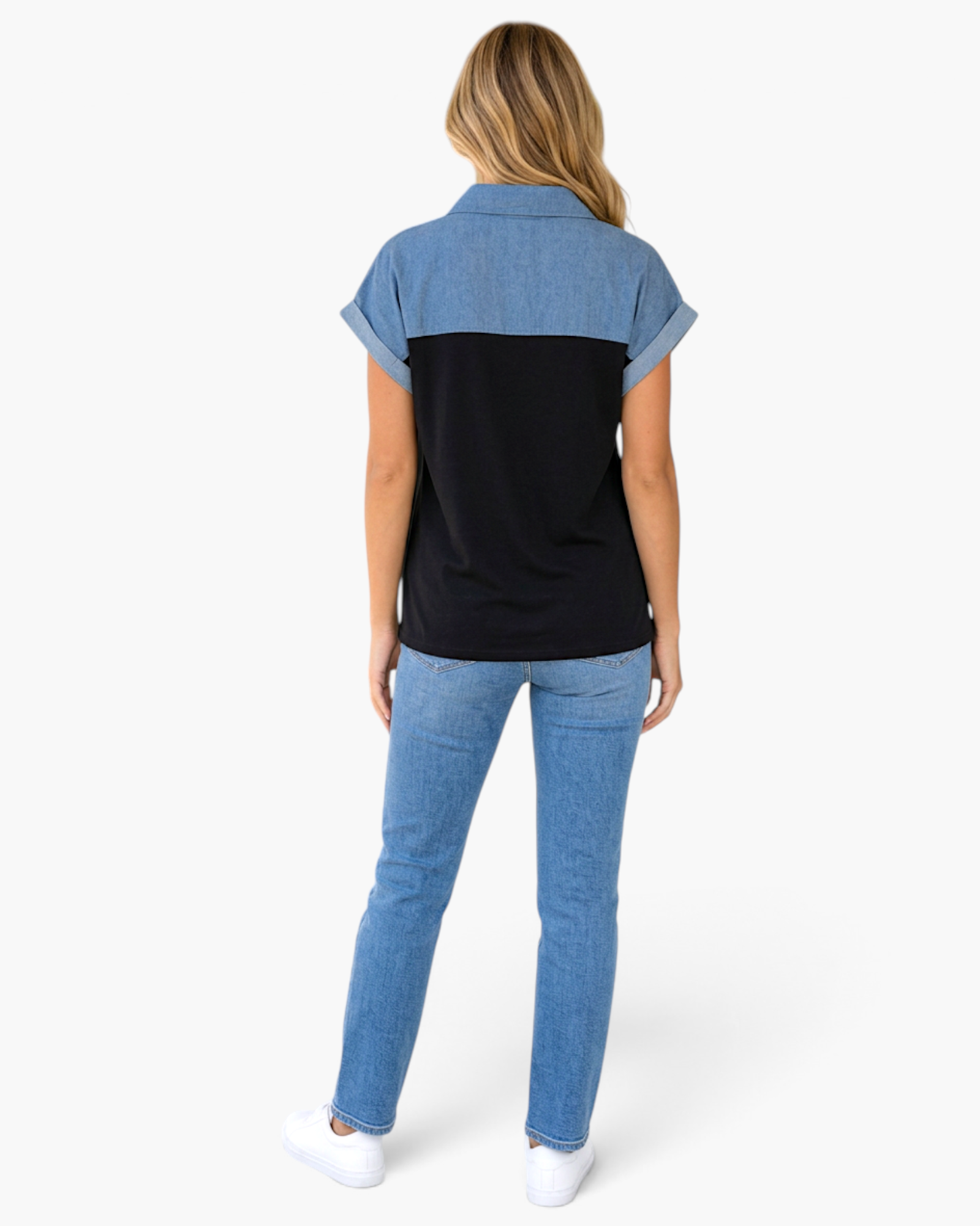 Beach Rose Co. Madisson short sleeve color block polo top with denim and black panels, back view on a model.