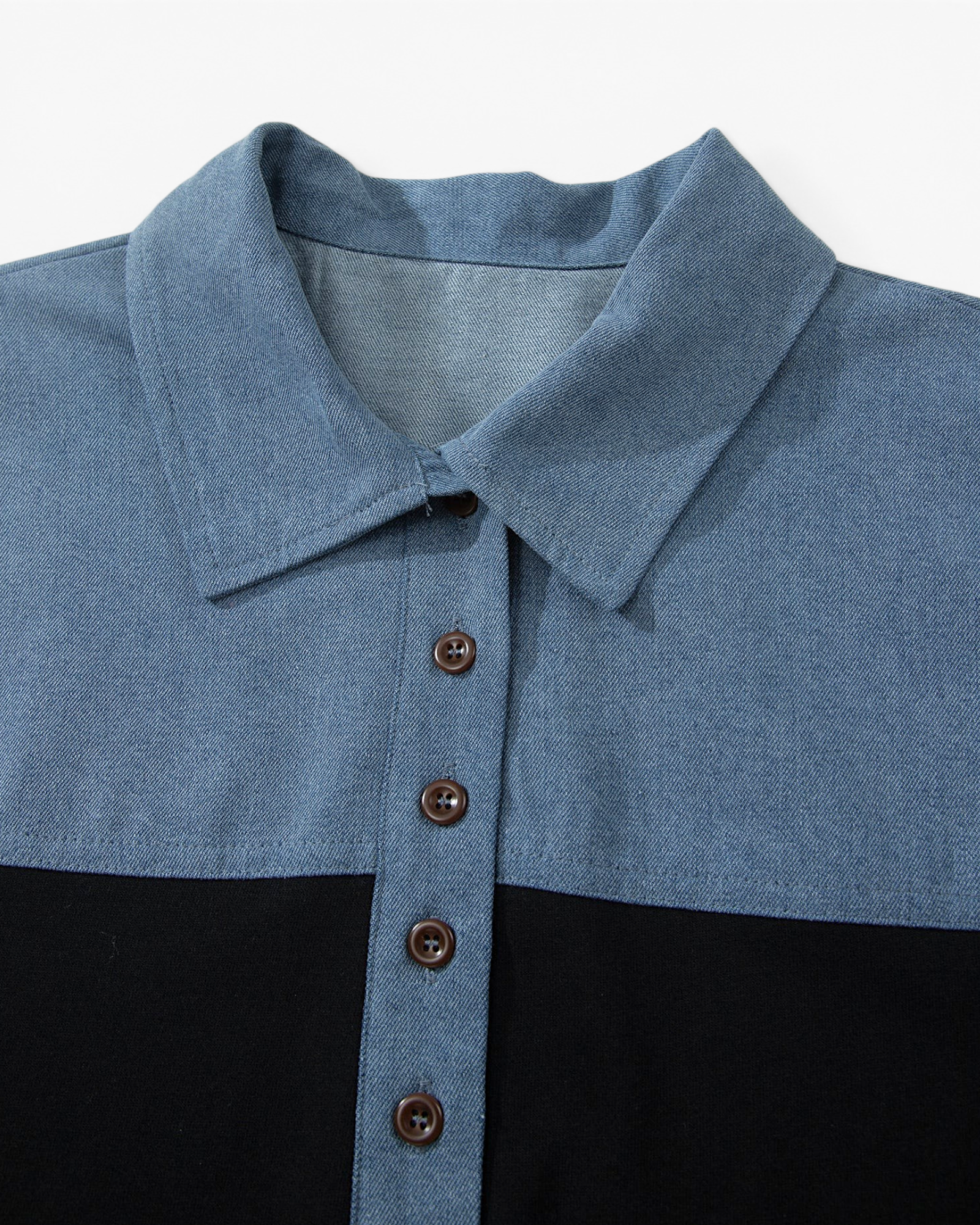Beach Rose Co. Madisson short sleeve polo top with denim patchwork, button-up collar, and black color block detail.