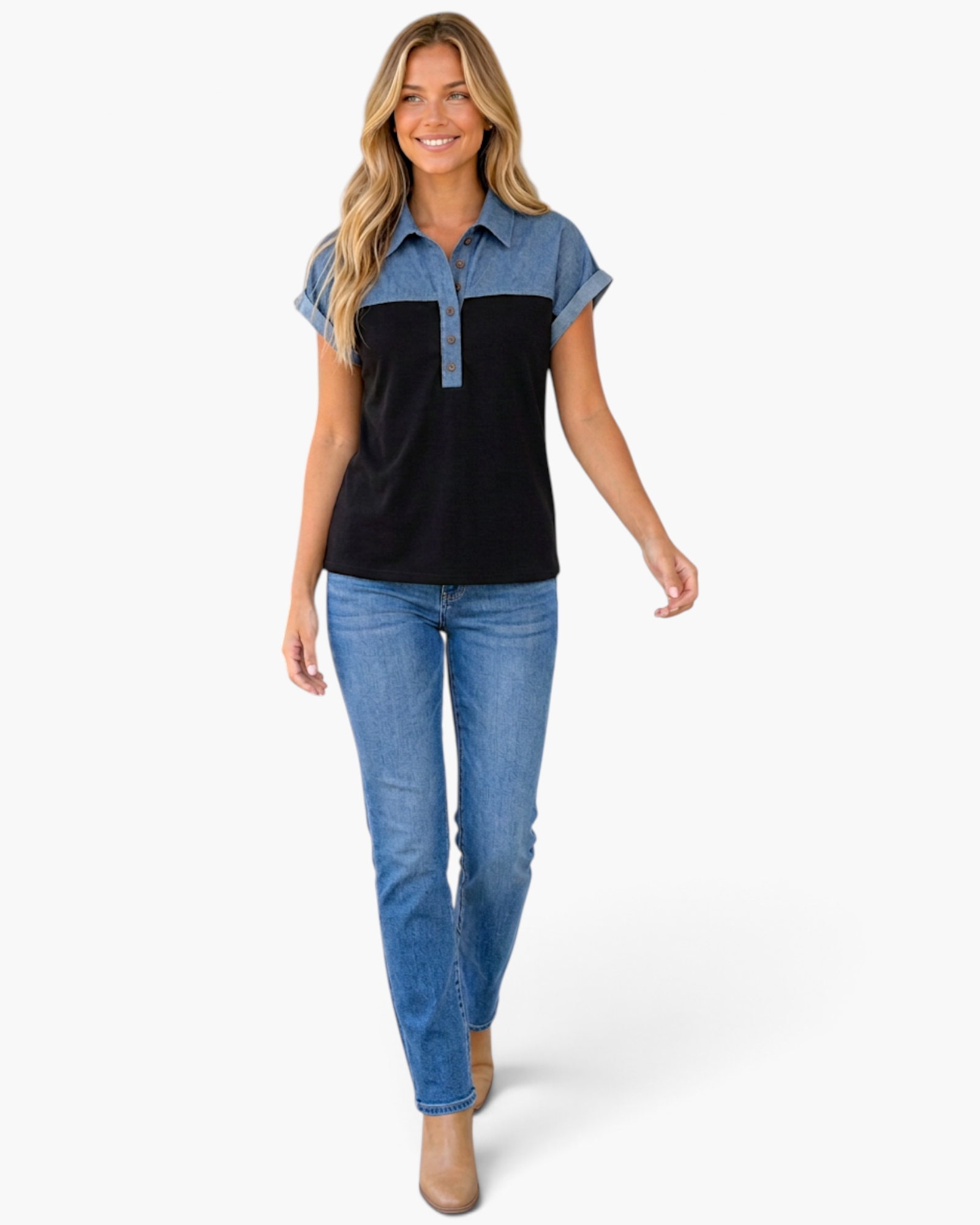 Beach Rose Co. Madisson short sleeve polo top with denim patchwork and black color block design on a smiling model.