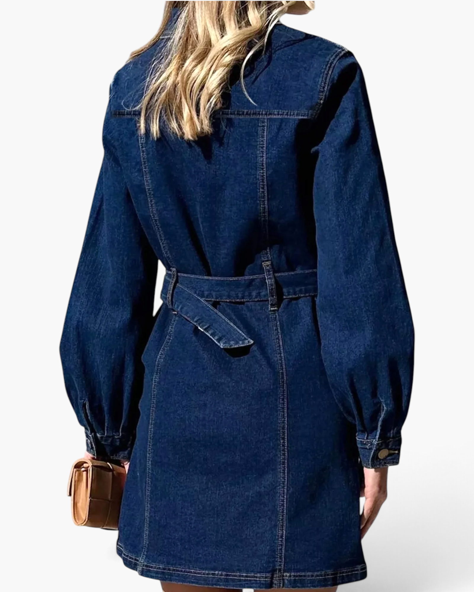 Beach Rose Co. dark blue denim-look shirt dress with long sleeves, a belted waist, and back view.