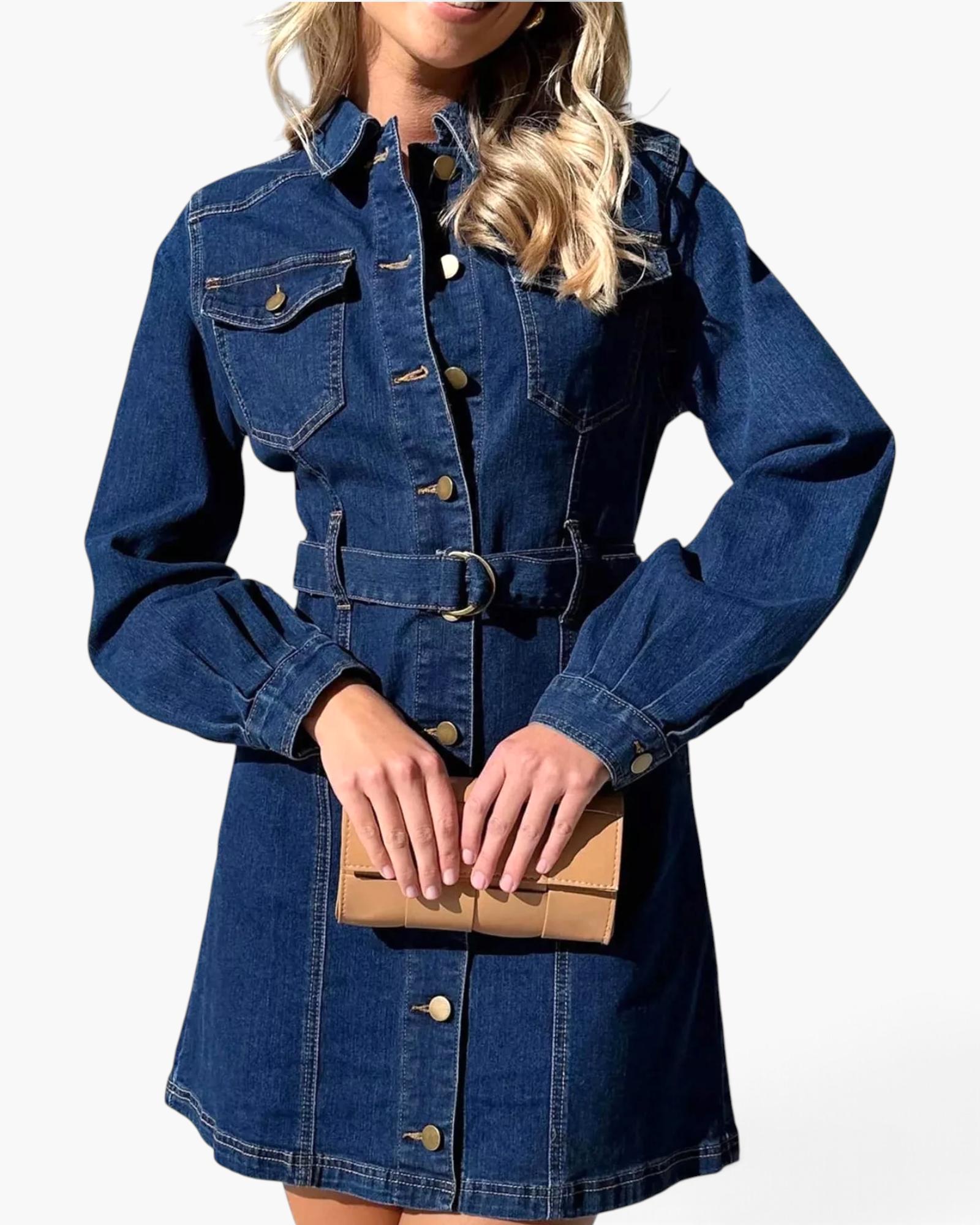 Beach Rose Co. blue denim-look shirt dress with a collared neckline, button front, and matching D-ring belt.